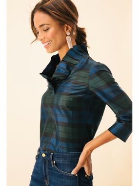 Devon Baer 100% Silk Blouse Black Watch Plaid Ruffle Tuckernuck